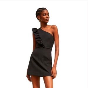 ZARA EUC Black One Shoulder Ruffle Dressy Cocktail Romper